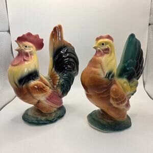Vintage Royal Copley Rooster & Hen Figurine Pair 1950s Ceramic Statues